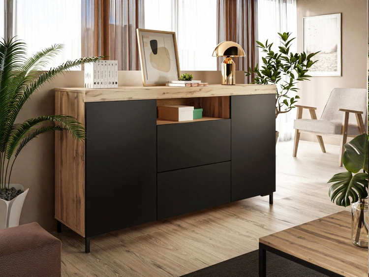 Wohnzimmer-Set – TV-Schrank und Kommode auf schwarzen Füßen Asumi Schwarz und Eiche Wotan