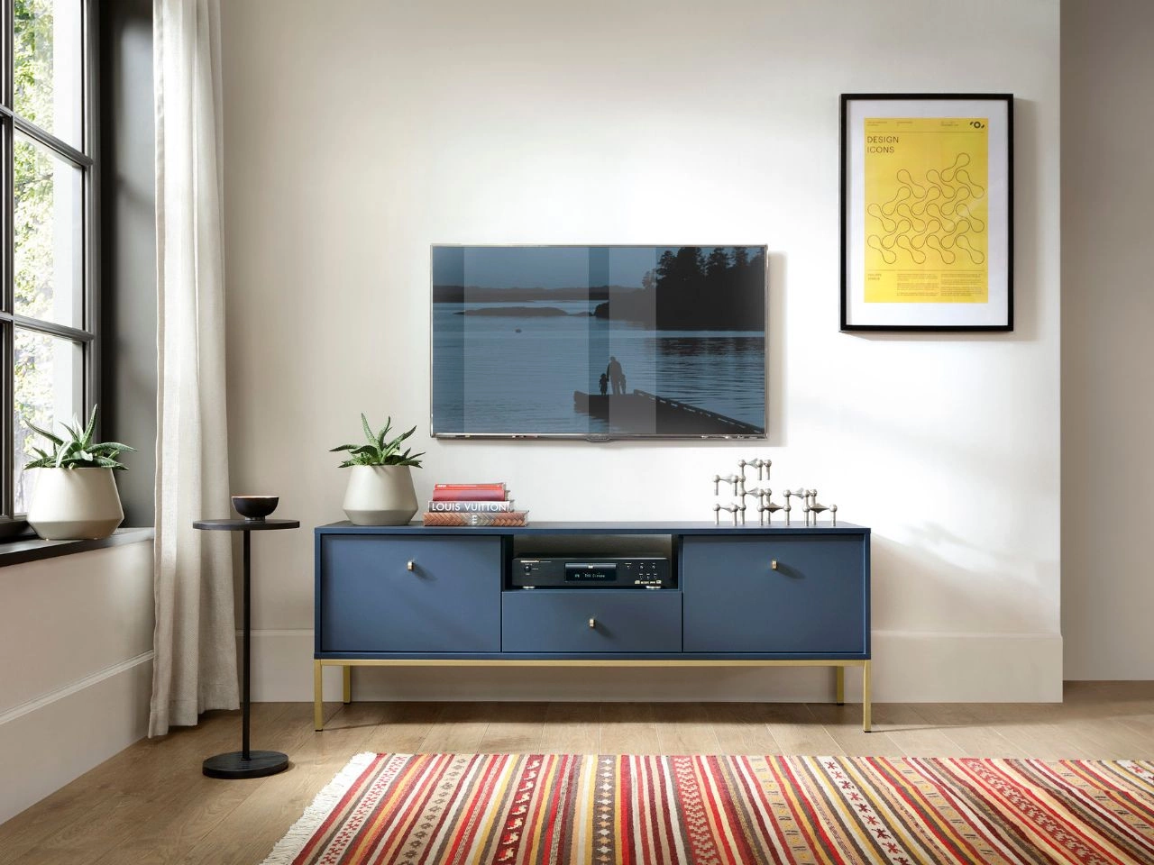 TV-Lowboard mit Schubladen und Türen mit Golden Metallbeinen Amor Marineblau