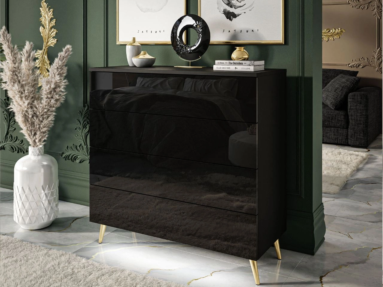 Kommode mit vier Schubladen und LED-Beleuchtung auf Goldenen Metallbeinen Nuveo Schwarz Hochglanz