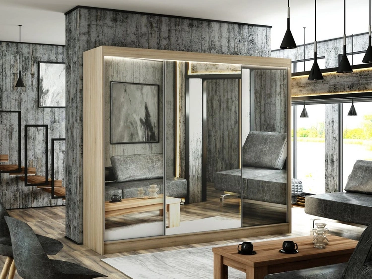 Schiebetürenschrank 250 cm mit Spiegel und LED-Beleuchtung Luzio Eiche Sonoma