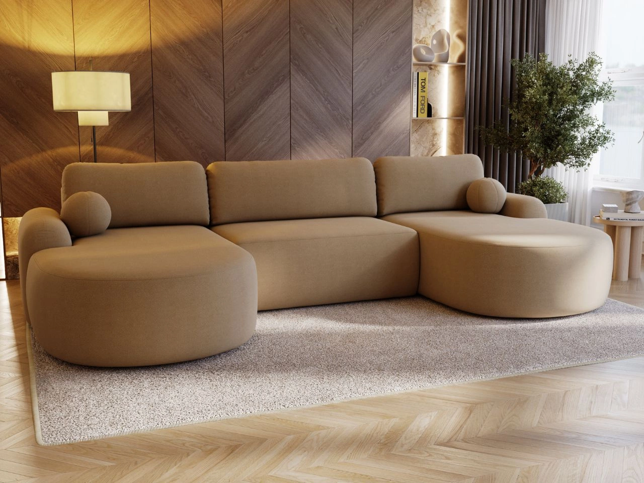 Wohnlandschaft mit Schlaffunktion und Bettkasten Aurio Hellbraun