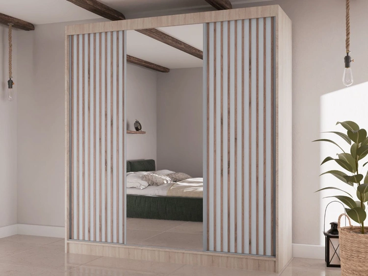 Schiebetürenschrank mit Lamellen und Spiegel 200 cm Lucena Eiche Sonoma, Weiß