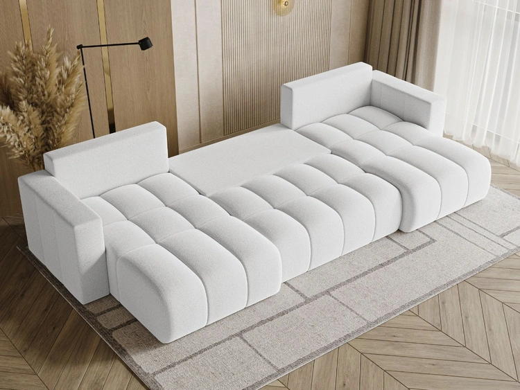 Wohnlandschaft mit Schlaffunktion und Bettkasten Neva Bouclé-Stoff Weiß