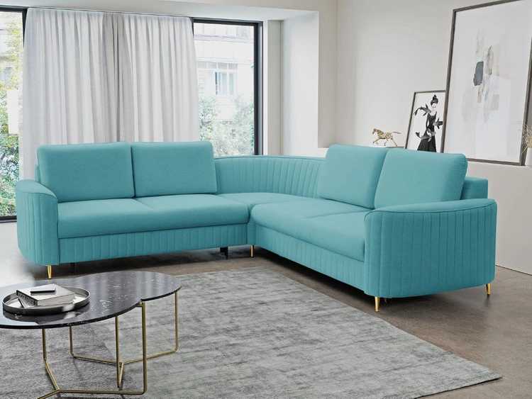 Ecksofa L-Form Rechts mit Schlaffunktion und Bettkasten Limon Blau