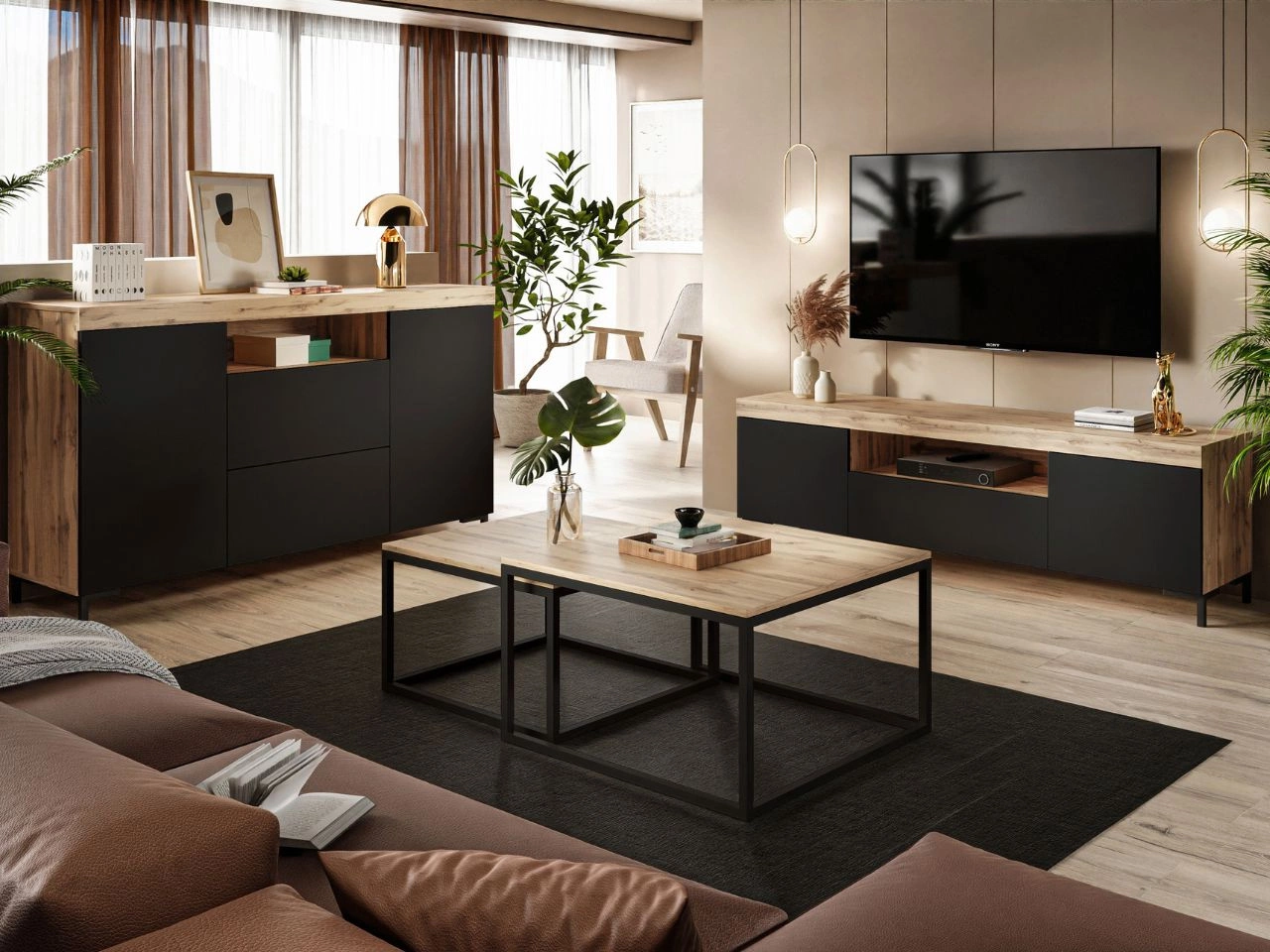 Wohnzimmer-Set im Loft-Stil Asumi Schwarz und Eiche Wotan