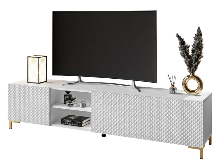 TV-Schrank mit goldenen Kunststoffbeinen und 3D-gefrästen Fronten Celiane Weiß Glanz