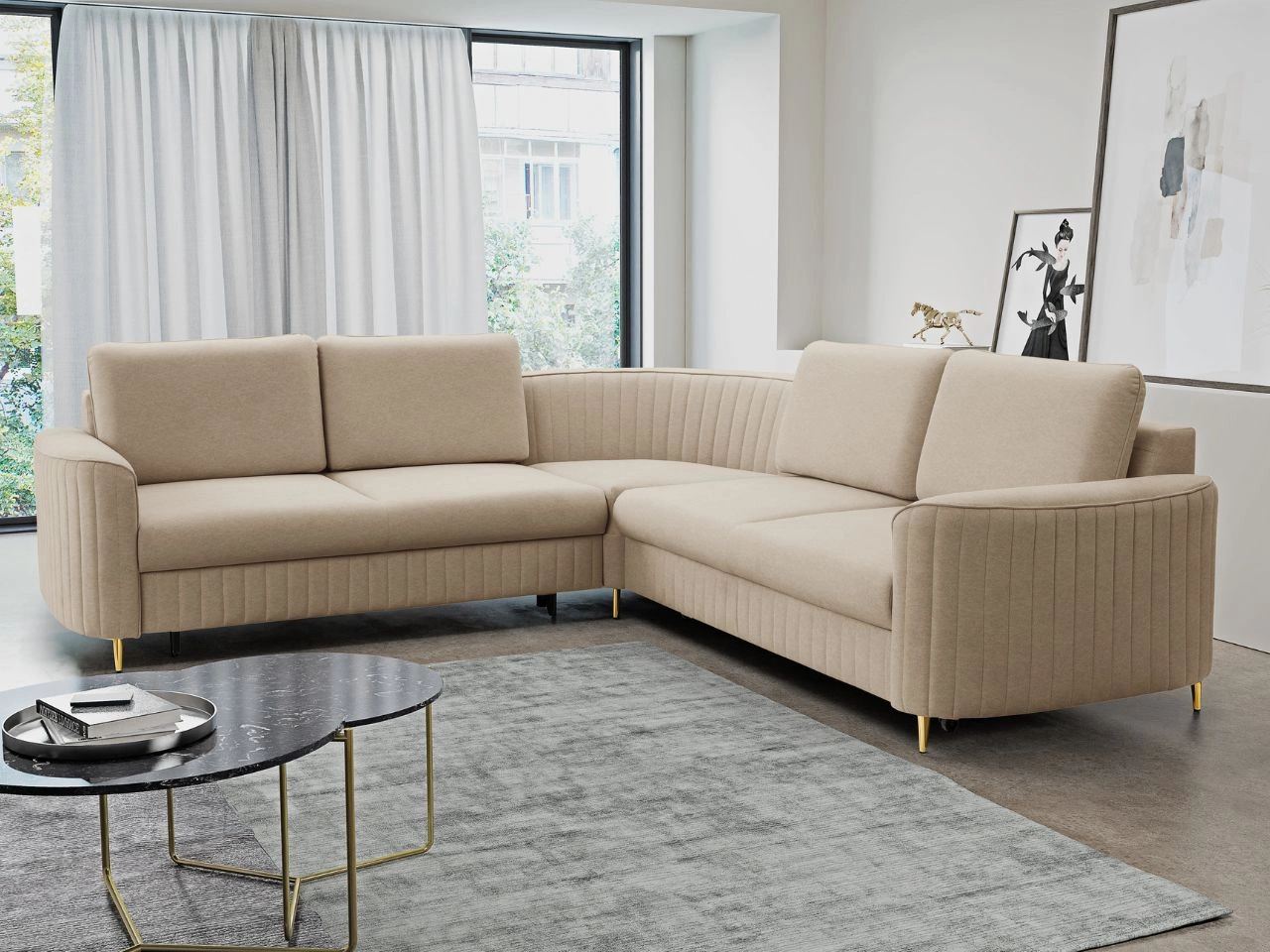 Ecksofa L-Form Rechts mit Schlaffunktion und Bettkasten Limon Dunkelbeige