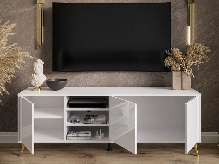 TV-Lowboard mit Türen goldene Beine Vivance Weiß Hochglanz
