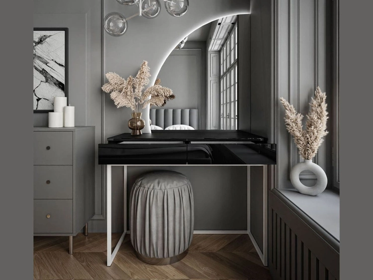 Kosmetiktisch linksseitig mit Schubladen und LED-Beleuchtung auf weißen Beinen Clarette Schwarz Hochglanz