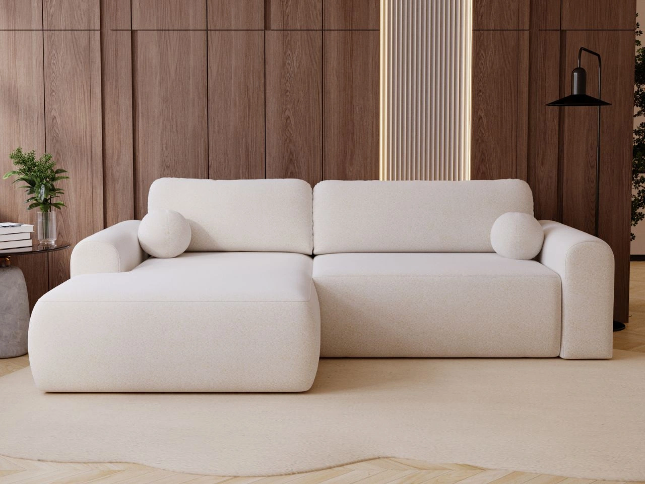 Ecksofa L-Form mit Schlaffunktion und Bettkasten Savana Links Bouclé-Stoff Weiß