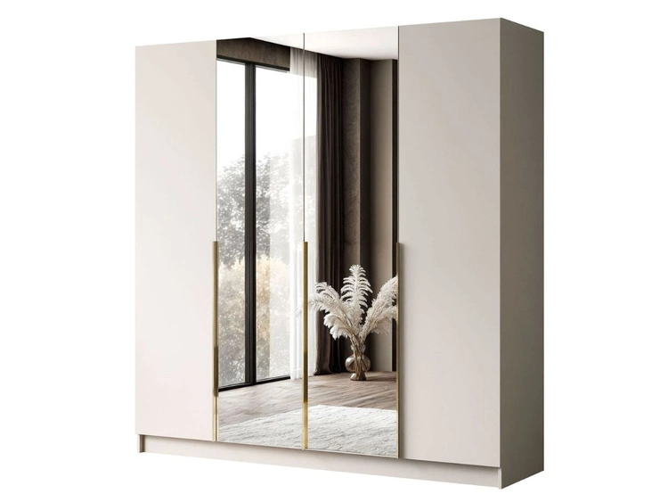 Viertüriger Kleiderschrank mit Drehtüren, goldfarbenen Griffen, Schubladen und Spiegeln Ameli Kaschmir