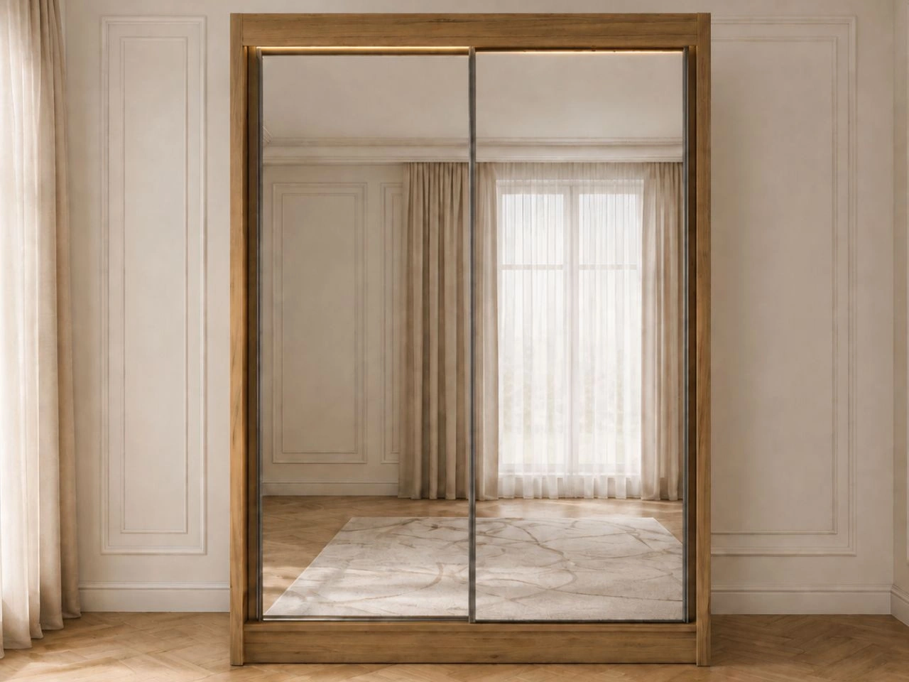 Schiebetürenschrank 150 cm mit Spiegel und LED-Beleuchtung Luzio Handwerk Goldene Eiche