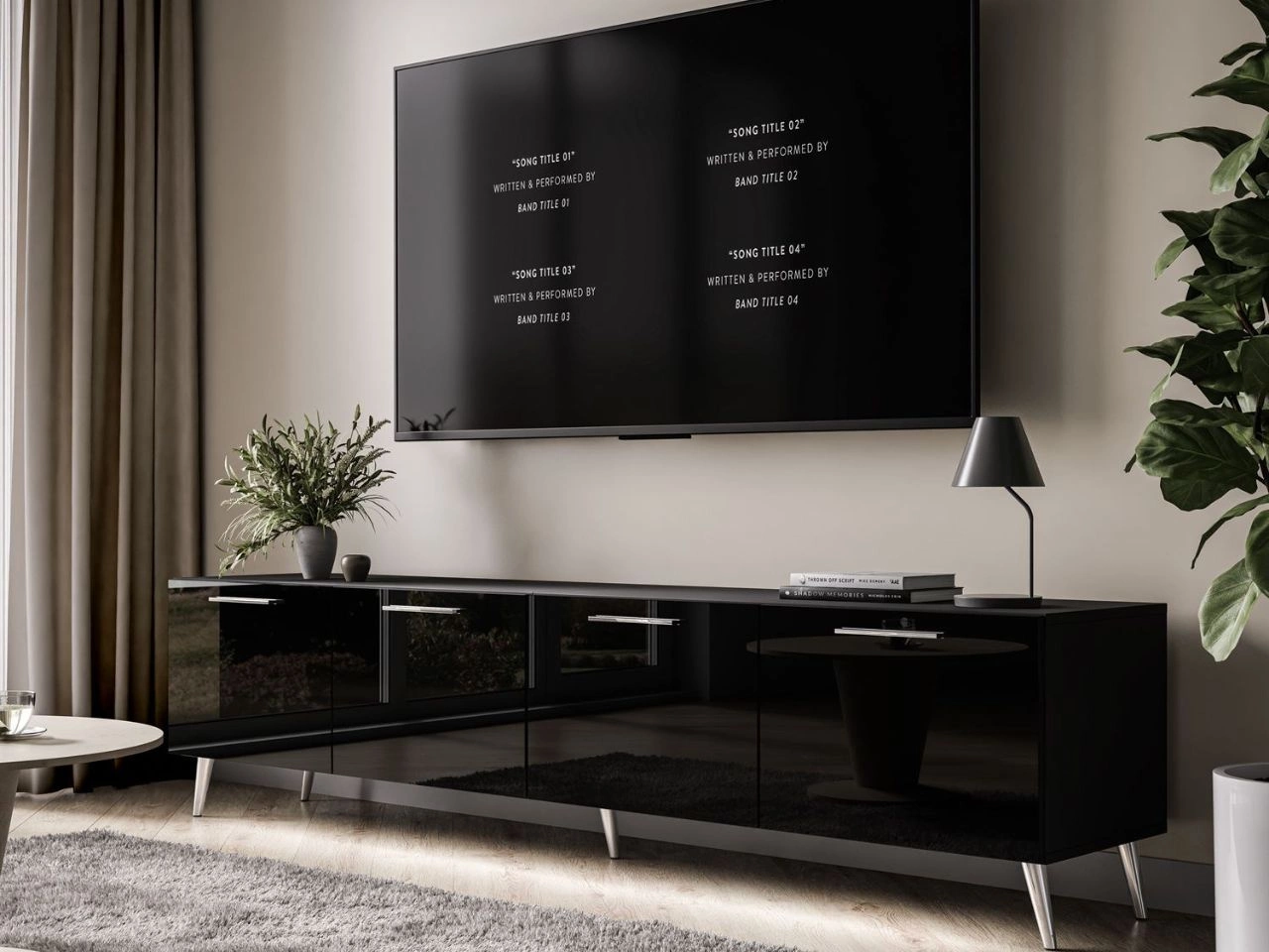 TV-Lowboard mit Türen und LED-Beleuchtung auf Silbernen Metallbeinen 200 cm Noaé Schwarz Hochglanz