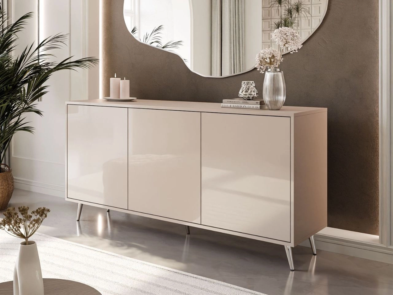 Dreitürige Kommode 154 cm Glamour-Stil auf silberfarbenen Metallbeinen Vivance Kaschmirglanz