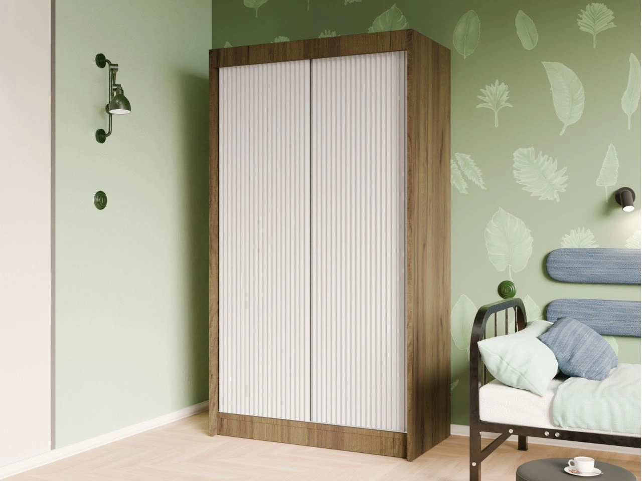 Schiebetürenschrank mit geriffelter Front 120 cm Fano Handwerk Goldene Eiche, Weiß