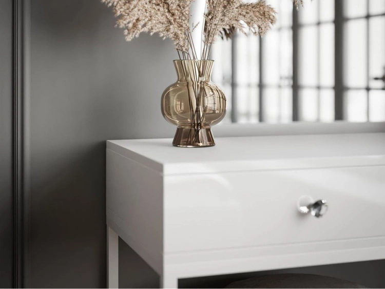 Kosmetiktisch linksseitig mit Schubladen und LED-Beleuchtung auf weißen Beinen Clarette Weiß Hochglanz