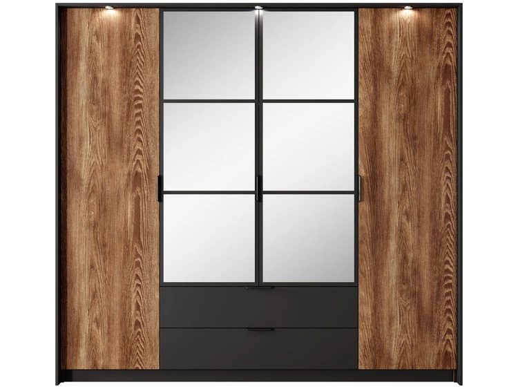 Kleiderschrank mit Spiegel und Schubladen Montreal Kastanie, Schwarz