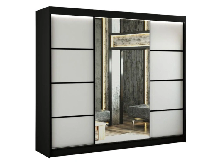 Schiebetürenschrank mit Spiegel 250 cm mit LED-Beleuchtung Portel Weiß, Schwarz