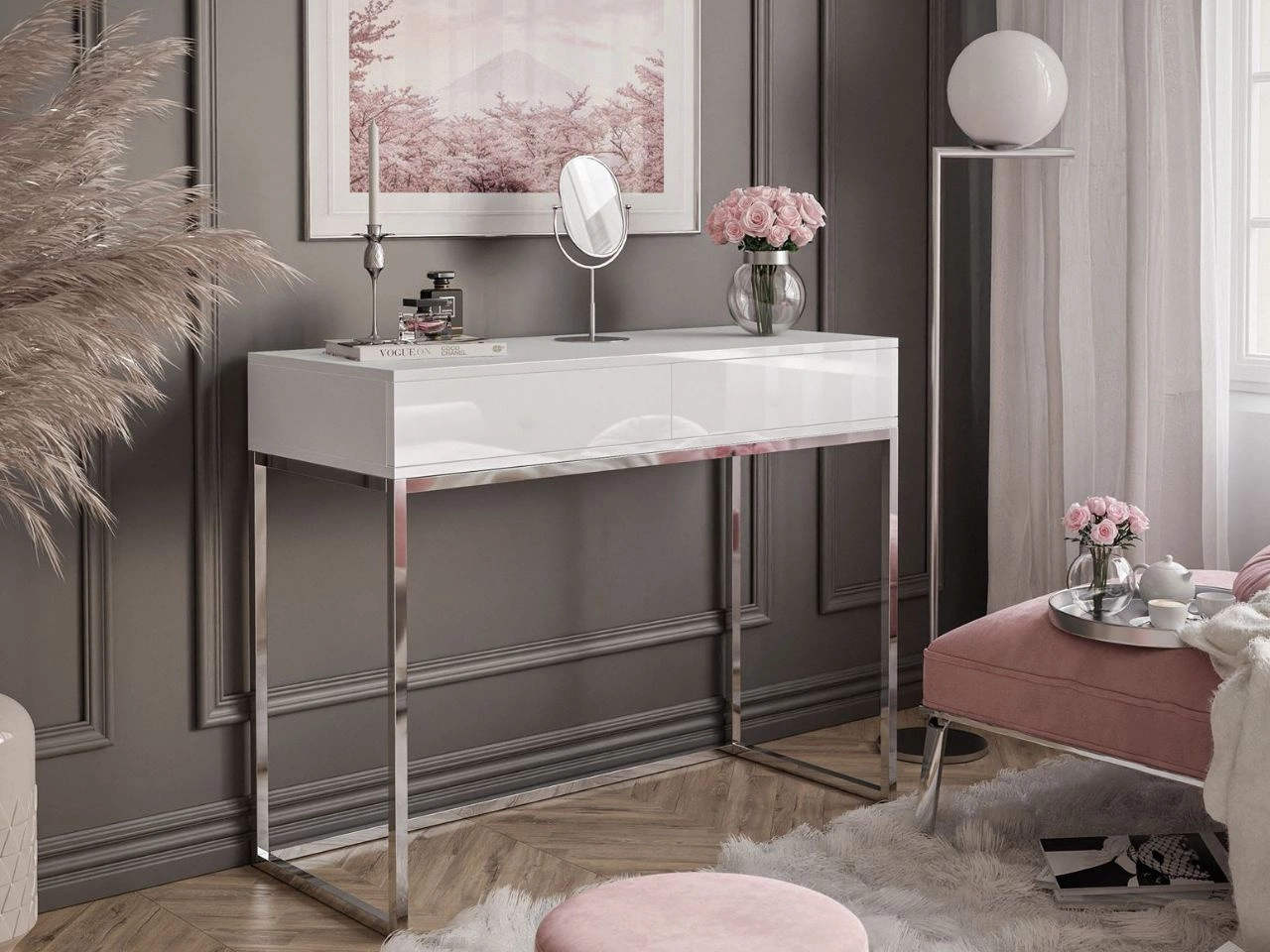 Konsolentisch mit Schubladen und silbernem Gestell im Glamour-Stil Brisa Weiß Hochglanz