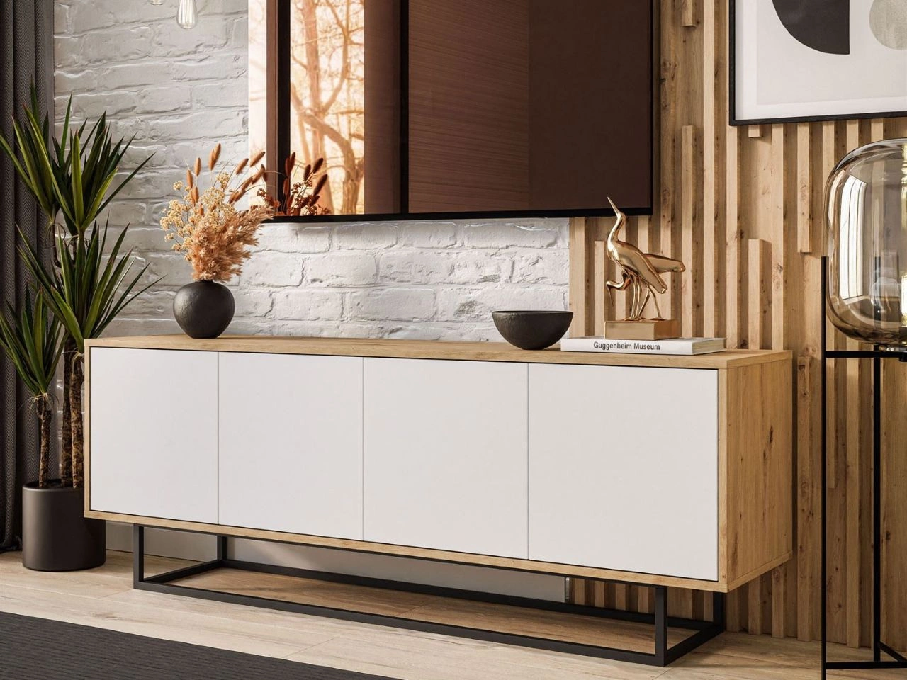 TV-Lowboard schwarzes Gestell Vivance Weiß und Eiche Artisan