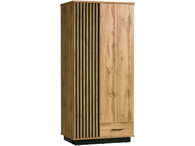 Kleiderschrank 90 cm mit Lamellen und Flügeltüren für das Wohnzimmer Lavore Wotan Eiche, Schwarz matt