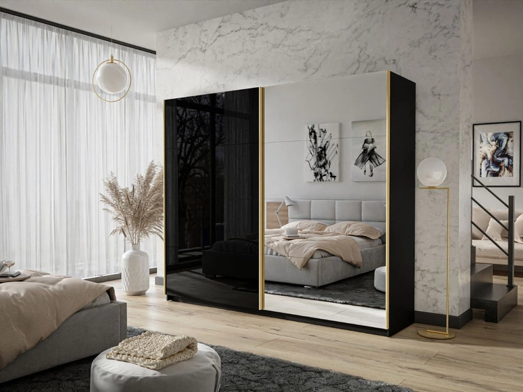 Schwebetürenschrank Zweitüriger mit Spiegel 194 cm Noaé Schwarz Hochglanz