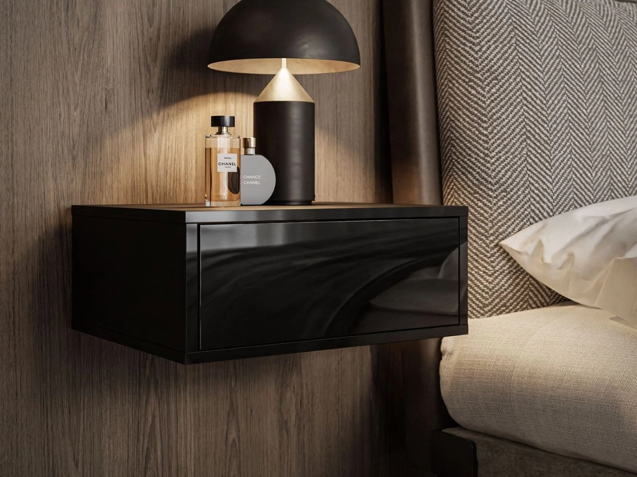 Hängender Nachttisch mit Schublade Brisa Schwarz Hochglanz