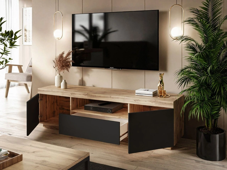 Wohnzimmer-Set – TV-Schrank und Kommode Asumi Schwarz und Eiche Wotan