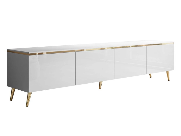 TV-Lowboard viertürig im Glamour-Stil mit LED-Beleuchtung Celle, Weiß Hochglanz