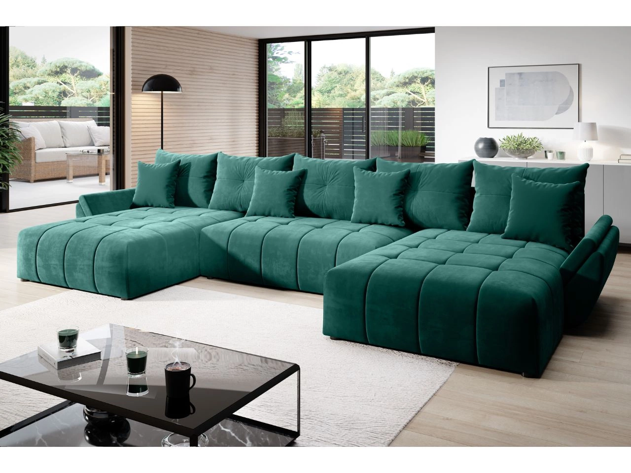 Wohnlandschaft mit Schlaffunktion und Bettkasten Decor U Grün