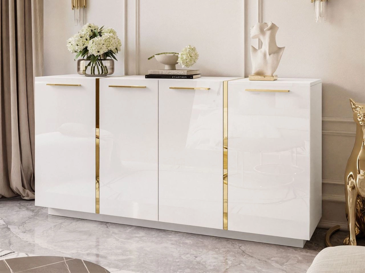 Viertürige Kommode 158 cm Glamour-Stil mit goldenen Griffen Lunelie Weißglanz