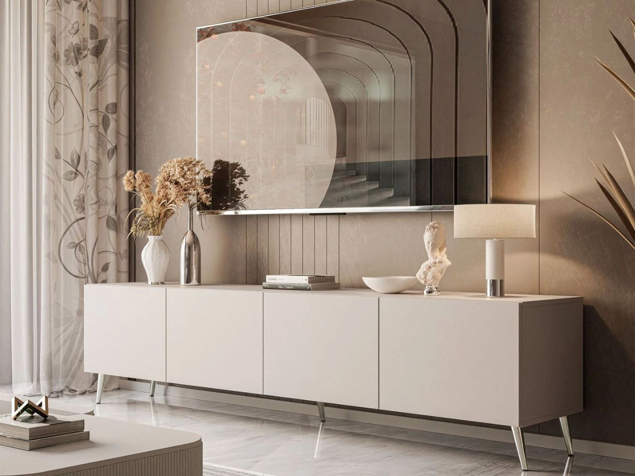 TV-Lowboard mit Türen auf Silbernen Metallbeinen 200 cm Nodoo Kaschmir