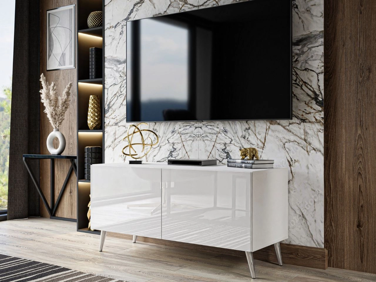 TV-Lowboard mit Türen und LED-Beleuchtung auf Silbernen Metallbeinen 100 cm Noaé Weiß Hochglanz