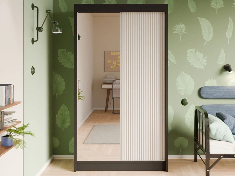 Schiebetürenschrank mit geriffelter Front und Spiegel 120 cm Fano Schwarz, Weiß