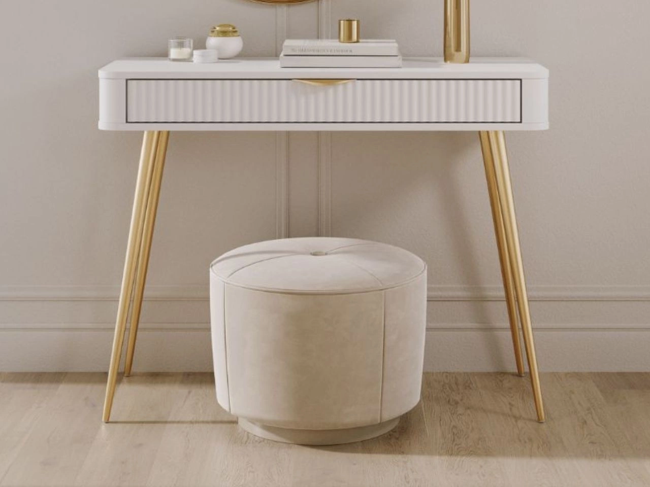 Schminktisch mit Goldenen Metallbeinen Latina Weiß