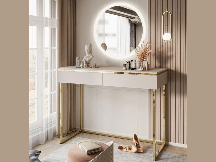 Schminktisch Glamour mit Schubladen, Spiegiel und LED-Beleuchtung auf goldenen Gestell Evare Kaschmir 