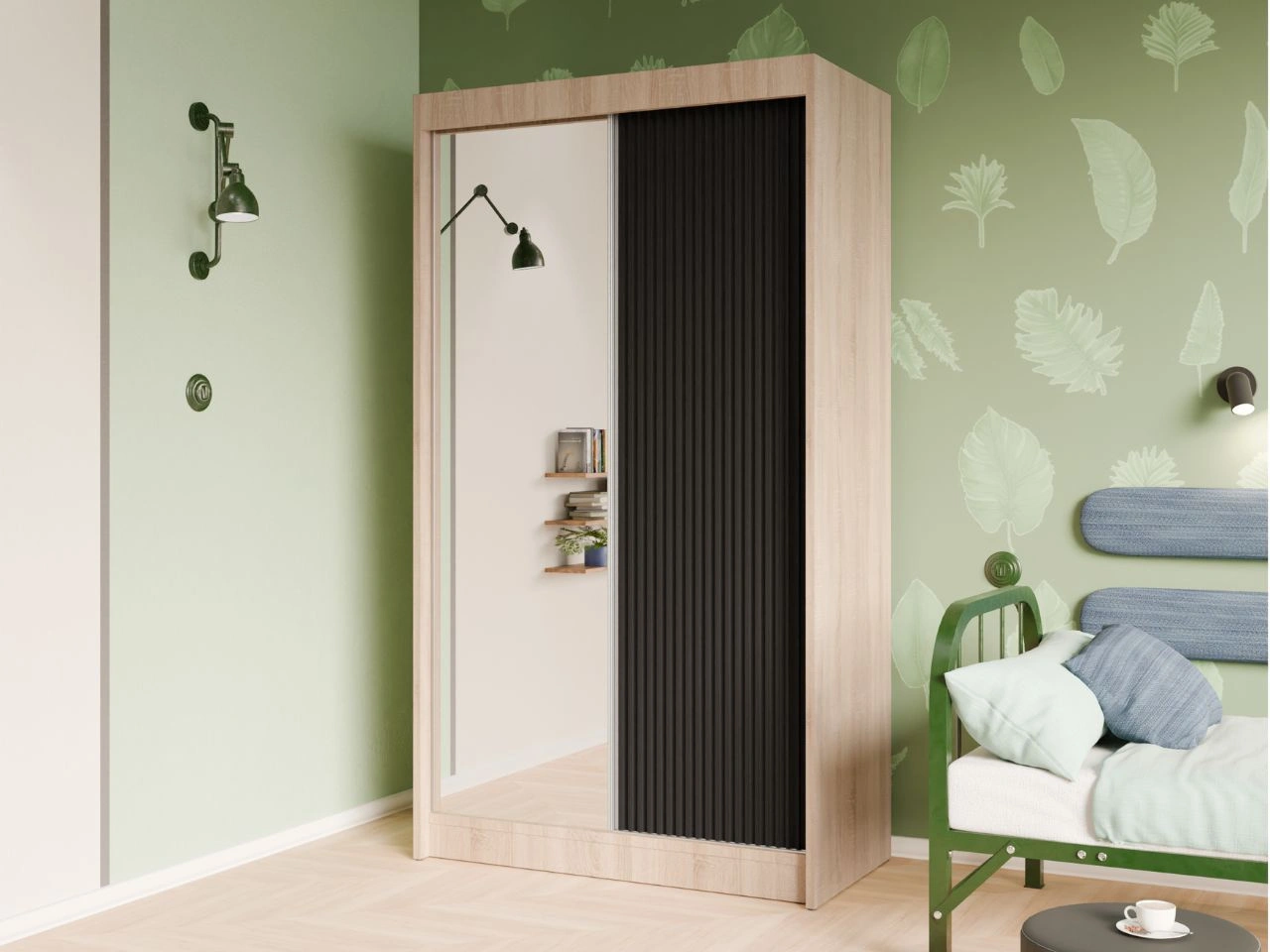 Schiebetürenschrank mit geriffelter Front und Spiegel 120 cm Fano Eiche Sonoma, Schwarz