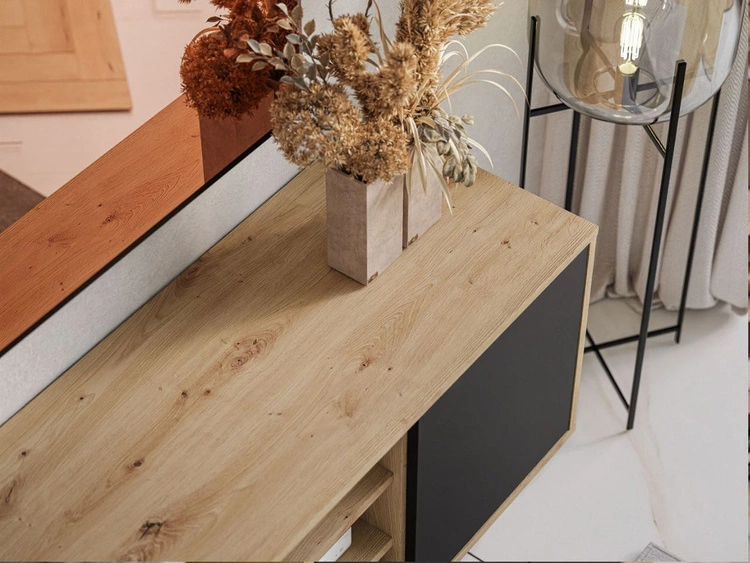 TV-Lowboard mit Türen auf weißem Gestell Vivance Schwarz und Artisan Eiche