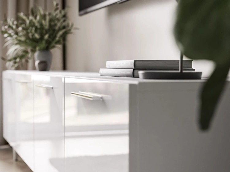 TV-Lowboard mit Türen und LED-Beleuchtung auf Silbernen Metallbeinen 200 cm Noaé Weiß Hochglanz