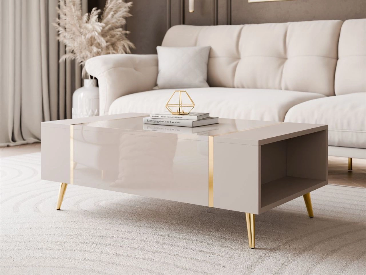 Couchtisch auf goldenen Beinen im Glamour-Stil Lunelie Kaschmir Hochglanz