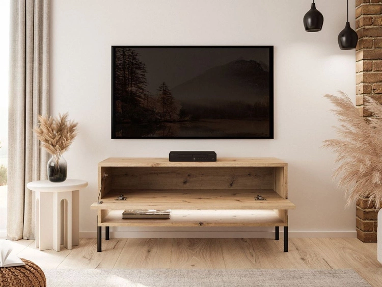 TV-Schrank 90 cm mit LED-Beleuchtung und schwarzen Beinen Aurelie Artisan Eiche