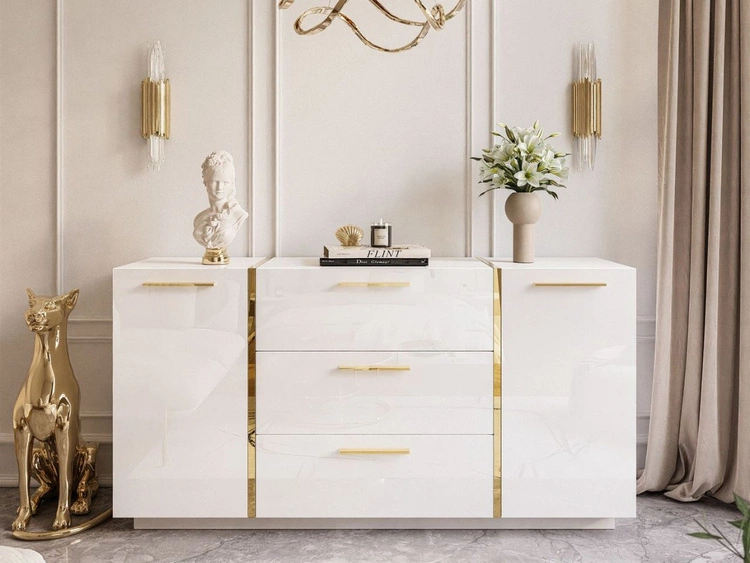 Wohnzimmer-Set mit goldenen Griffen im Glamour-Stil Lunelie Weiß Hochglanz