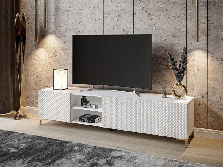 TV-Schrank mit goldenen Kunststoffbeinen und 3D-gefrästen Fronten Celiane Weiß Glanz