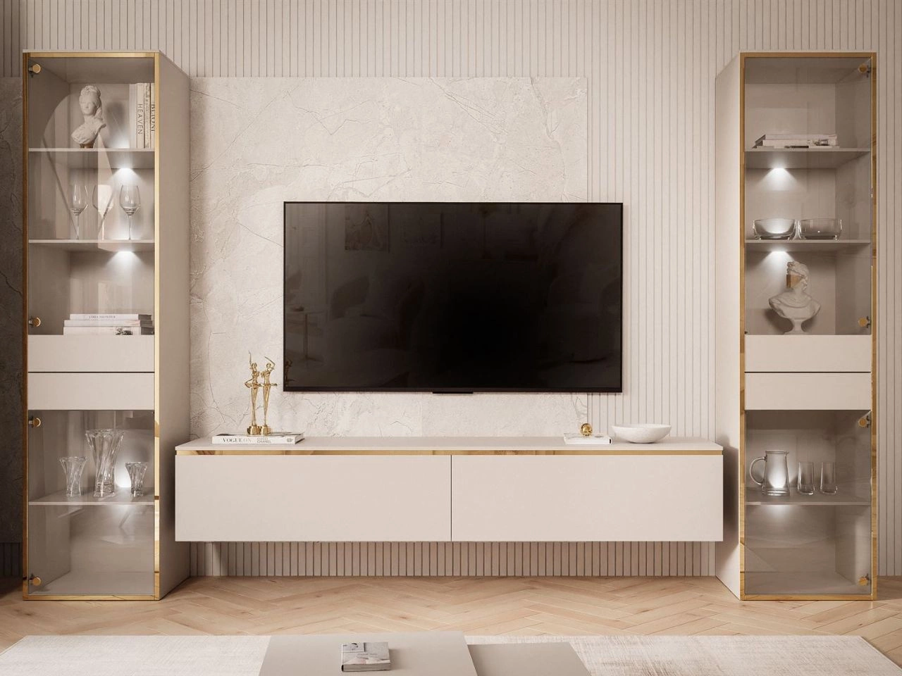 Wohnzimmer-Set mit zwei Vitrinen und LED-Beleuchtung im Glamour-Stil Evare Kaschmir