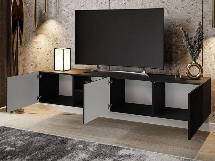 Hängender TV-Schrank mit 3D-gefrästen Fronten Celiane Schwarz Glanz