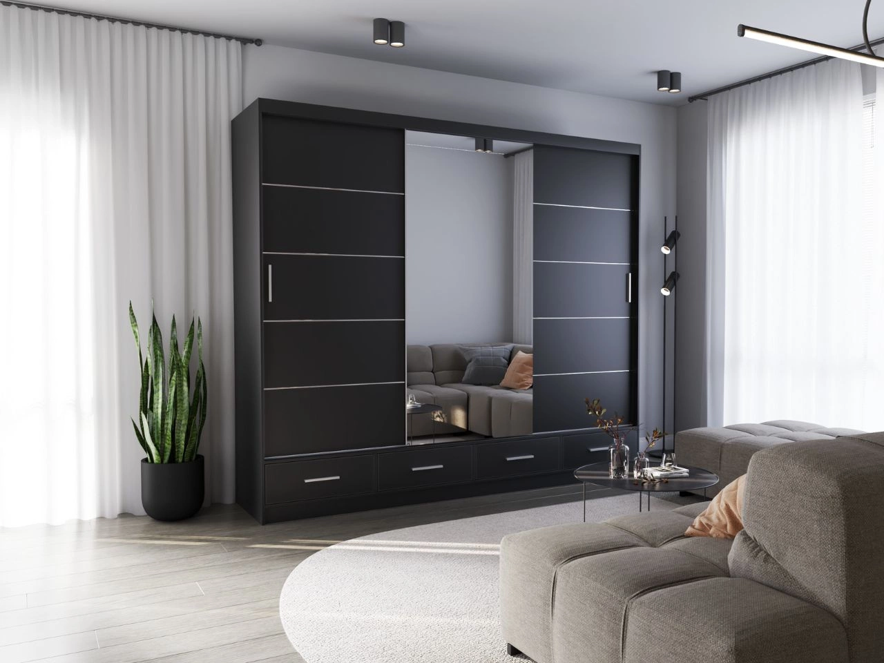 Kleiderschrank mit Spiegel 203 cm Fiore Schwarz