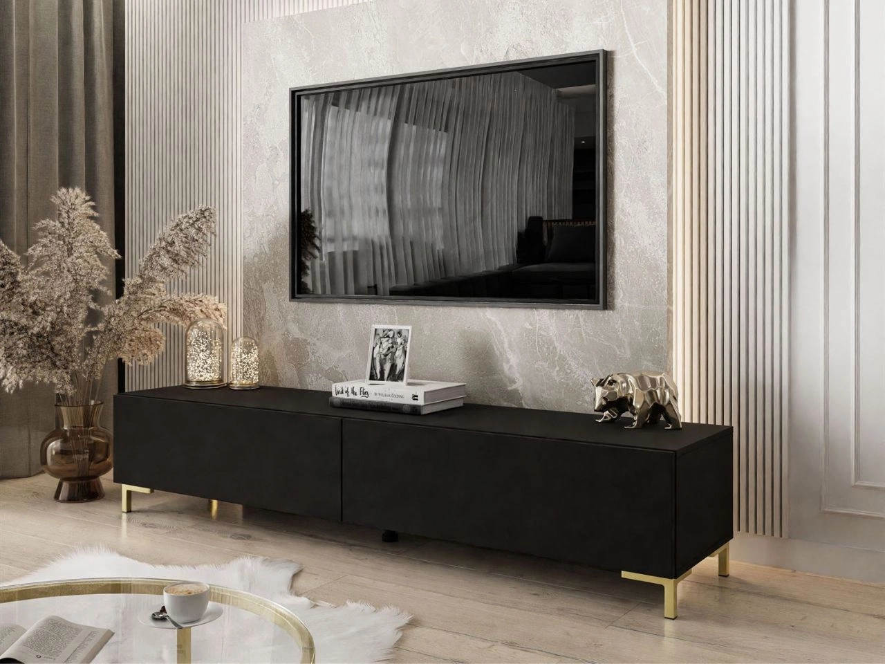 TV-Lowboard auf goldenen Beinen 175 cm mit LED-Beleuchtung Sorelle Schwarz Matt