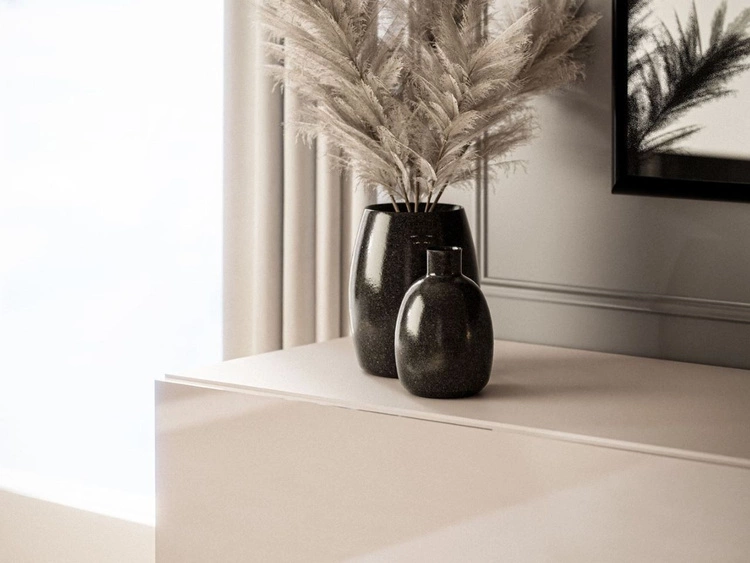 TV-Schrank 90 cm mit LED-Beleuchtung und schwarzen Metallbeinen Aurelie Kaschmir Hochglanz