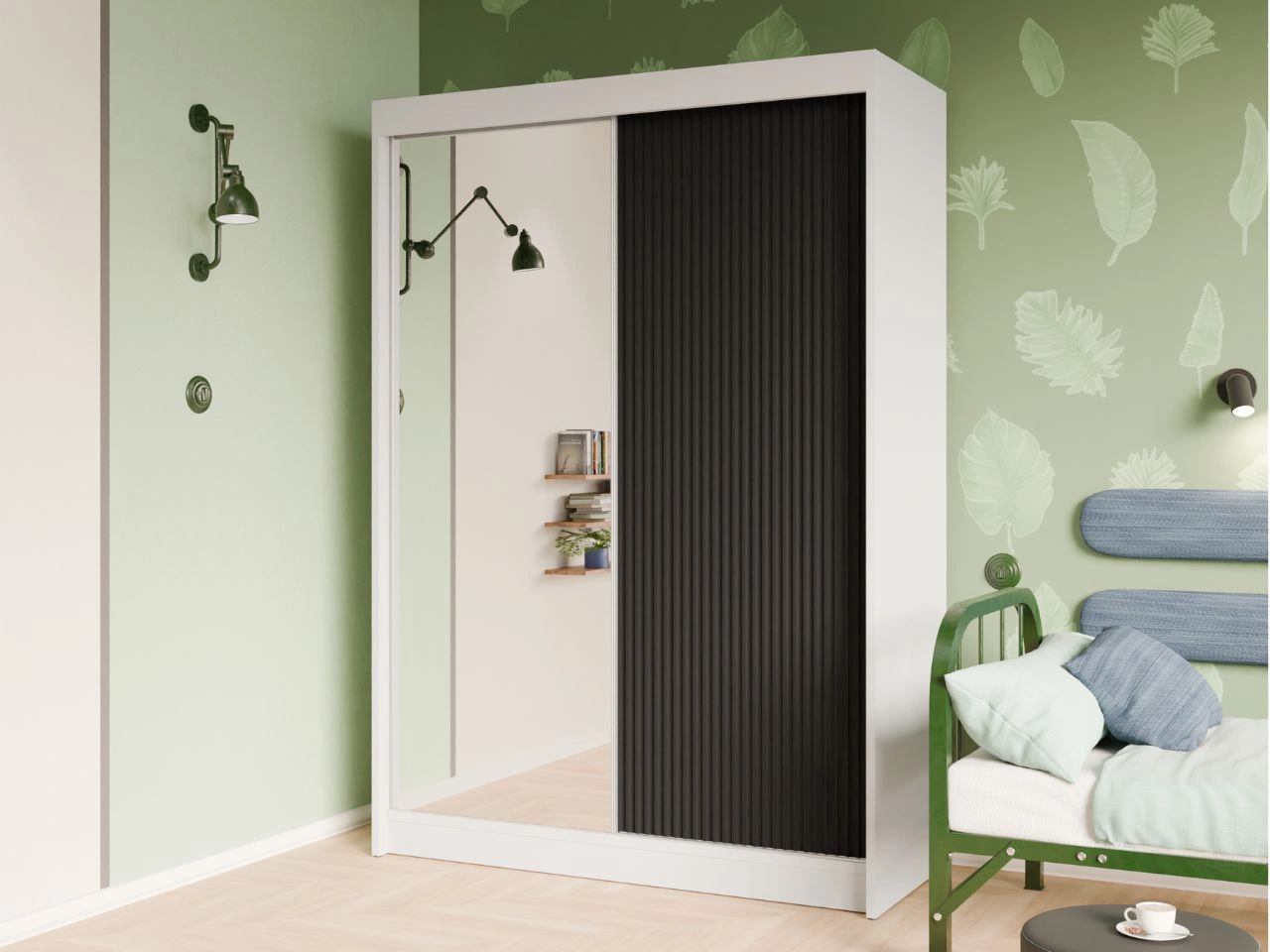 Schiebetürenschrank mit geriffelter Front und Spiegel 150 cm Fano Weiß, Czarny