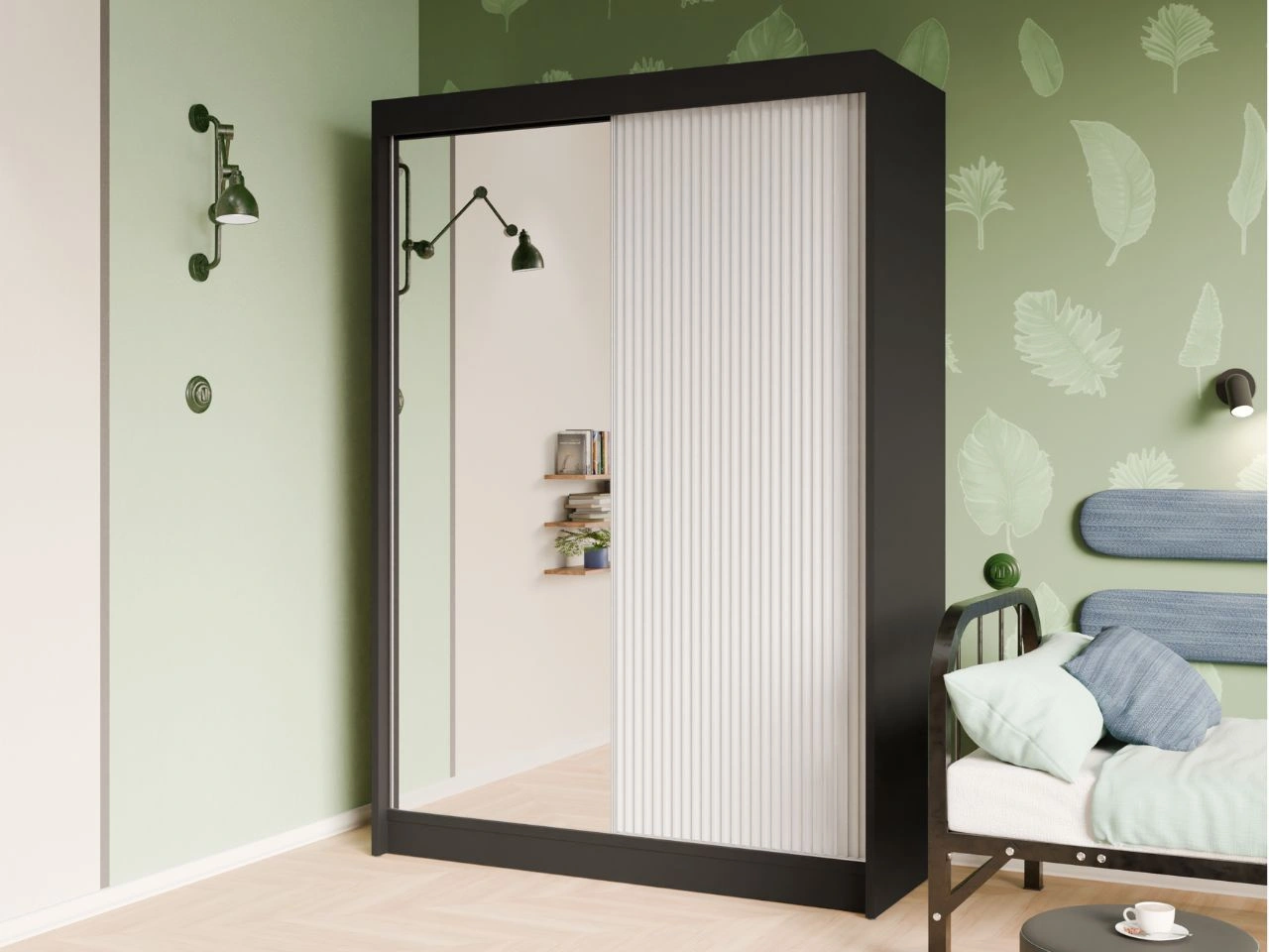 Schiebetürenschrank mit geriffelter Front und Spiegel 150 cm Fano Schwarz, Weiß